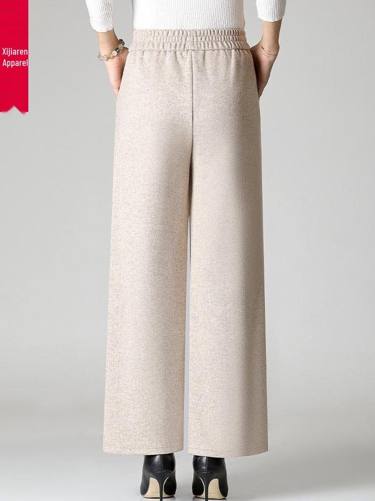Extra-Size Women's Plus Velvet Wide-Leg Pants for Autumn and Winter, Middle-Aged and Elderly