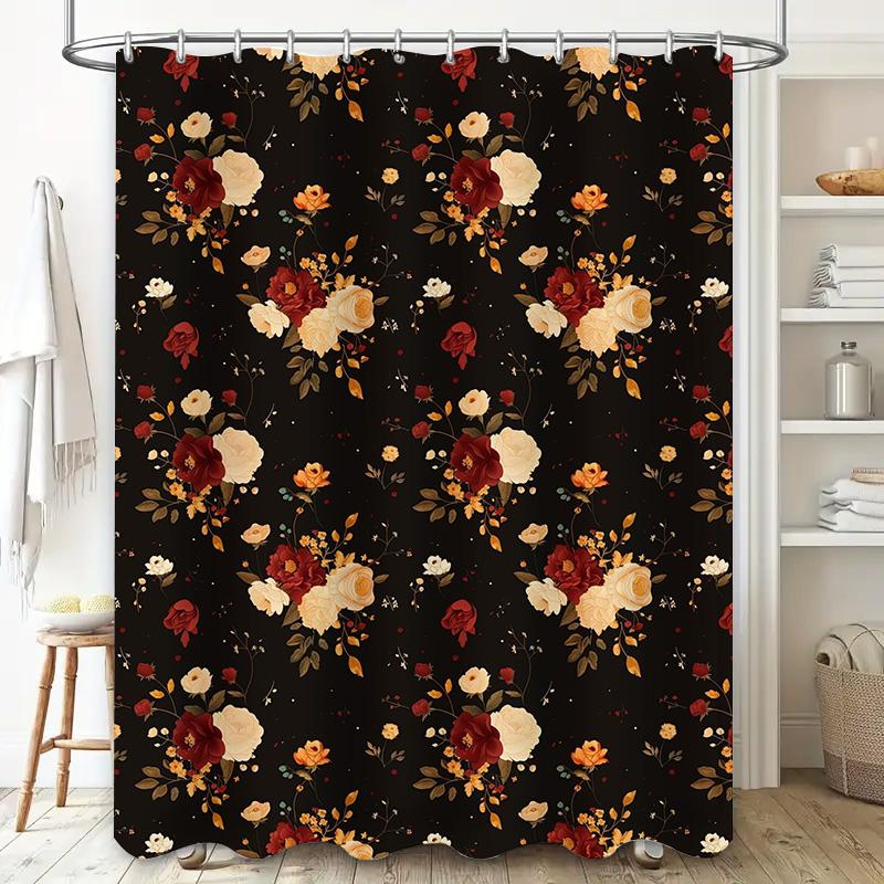 Delightful Floral Print Shower Curtain Dark Brown with Red Cream Blossoms 180 x 200cm Elegant Decor for Bathroom or Kitchen Prem
