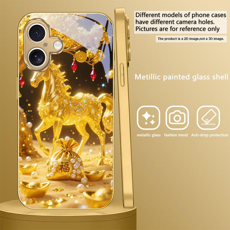The Golden Lucky Horse For iPhone 17 Pro Max 16 16E 15 14 13 Plus 12 Mini 11 15Pro 17 Air XR X 17ProMax Golden Glass Phone Case