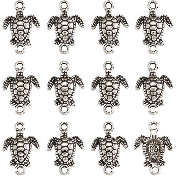 FASHEWELRY 50Pcs Antique Silver Sea Turtle Charm Links 21x14.5mm Tibetan Double Loops Sea Creature Animal Pendant Connectors for Jewelry Making Hole: