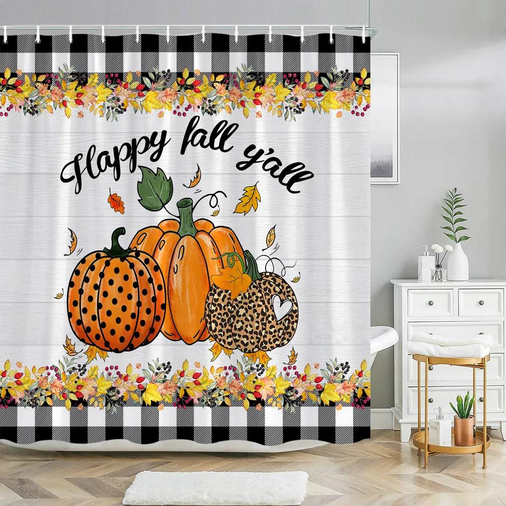 Fall Pumpkin Shower Curtain Autumn Leaves Thanksgiving Decorative Washable Bath Curtain Polyester Fabric Home Bathroom Curtain