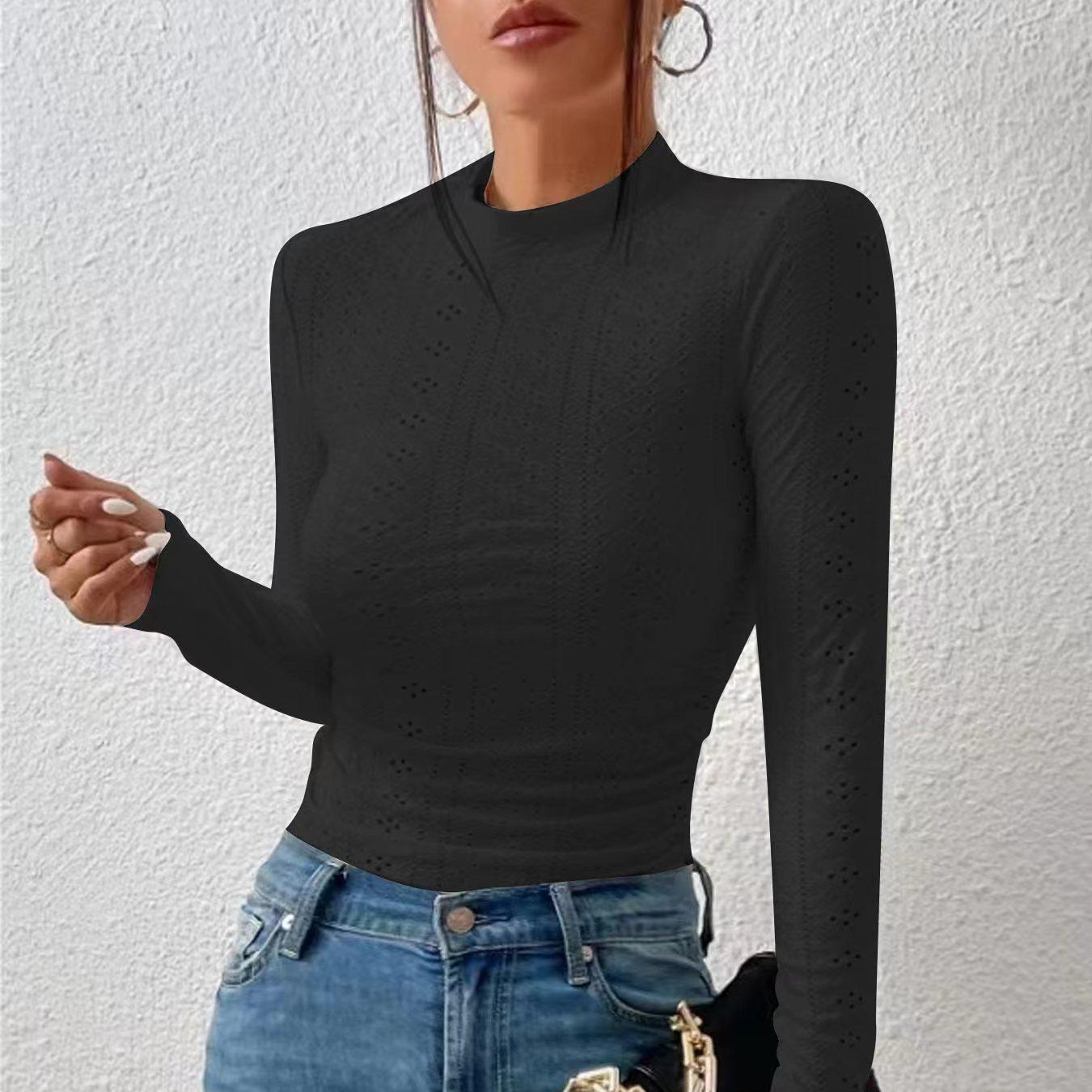 

Женская футболка IHUASU Hundred Bottom Shirt Autumn Half High Neck с люверсами и длинным рукавом Slim t Shirt XXL чёрный