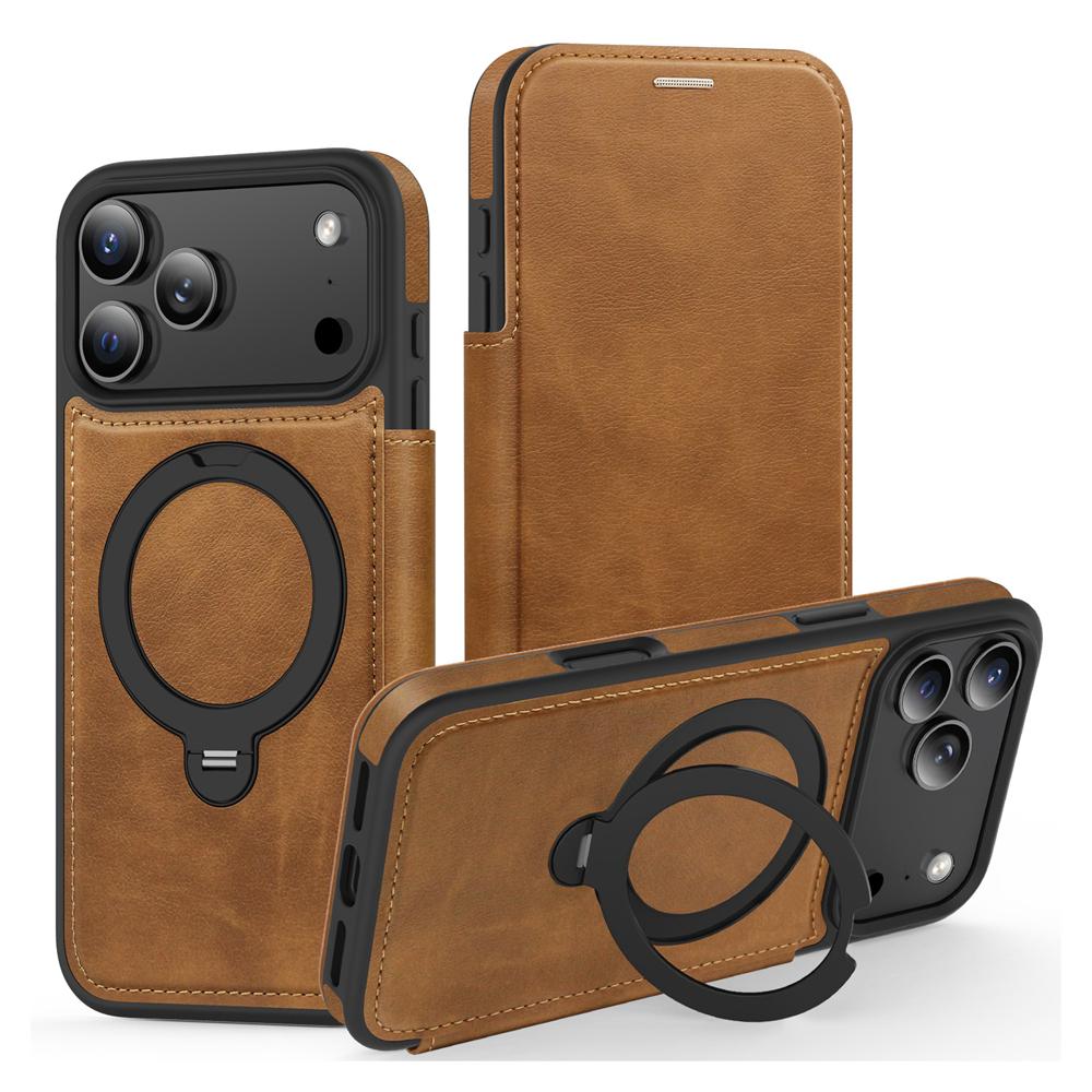 KEYSION Leather Flip Wallet Case for iPhone 15 16 17 Pro Max Air 16Plus 16e Cards Slots Magnetic 360 Ring Stand Phone Back Cover