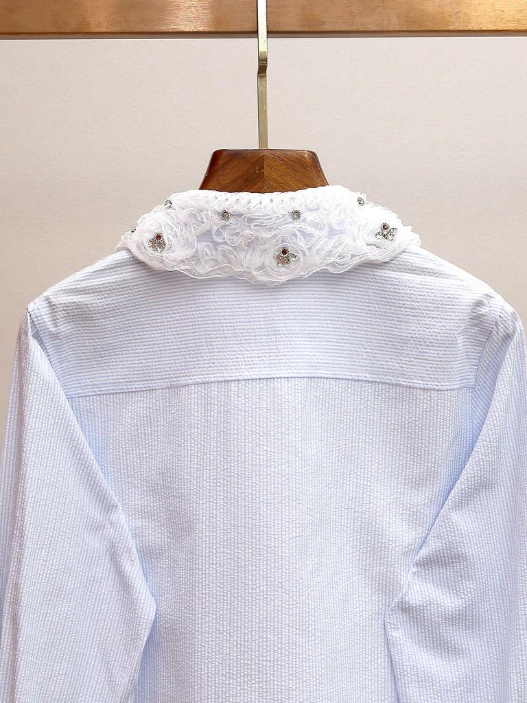 High-End Women's Girly Sweet Lace Beaded Doll Collar Striped Shirt - Spring New Arrivals