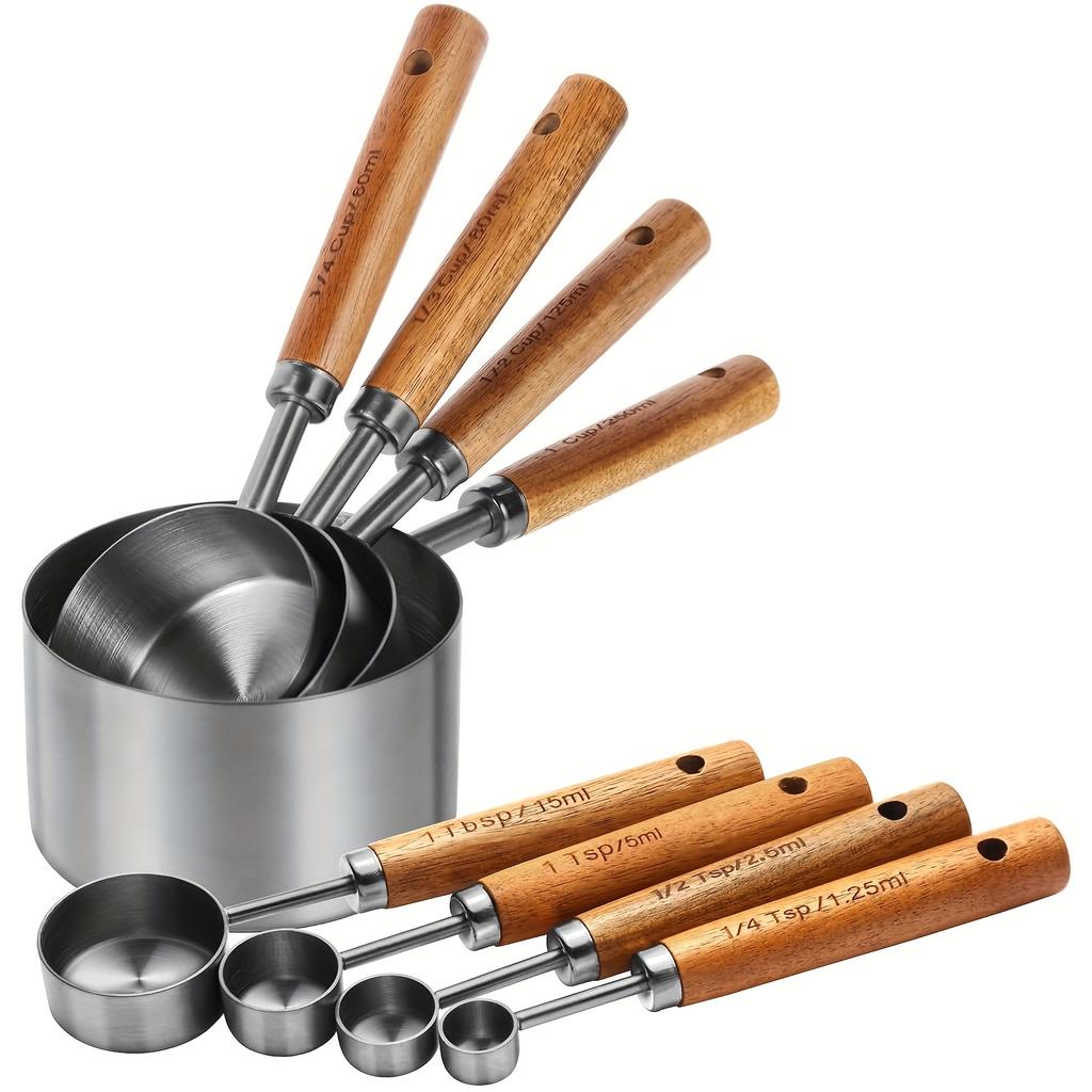 Multiple colors available Stainless steel measuring cup and spoon set with wooden handle Metric and American wooden handles High-quality