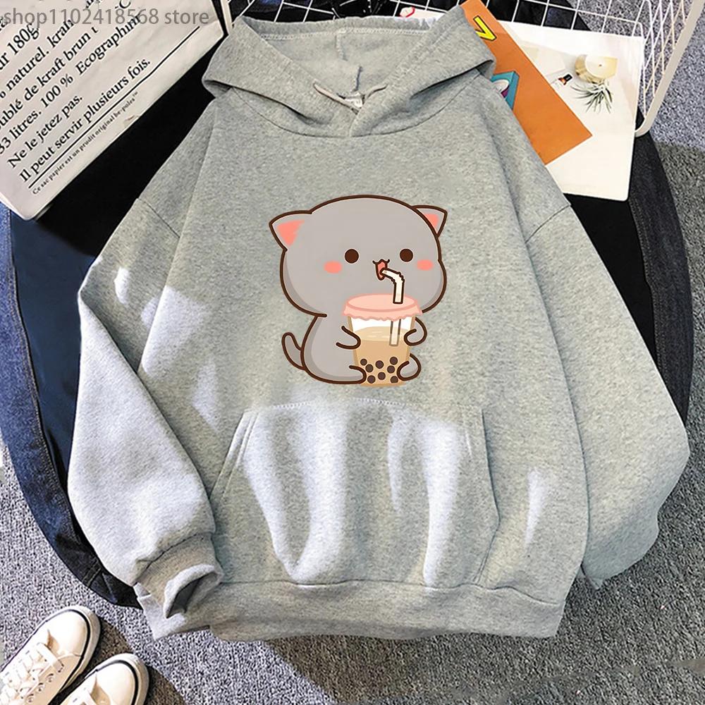 Peach Cat Love Boba Print Hoodies Bubble Tea Sweatshirt Girls Kawaii Cartoon Sudaderas Men's Tops Kawaii  Winter Clothes Women