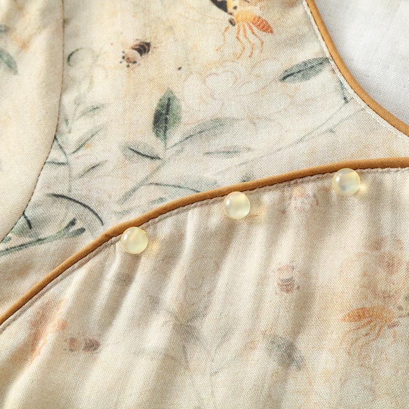 Women's Long-sleeved Chinese National Style Cotton Nightgowns for Women Spring / Summer Thin Bamboo Cotton Double-layer Gauze Nightdress