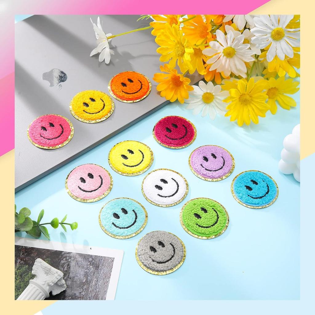 72 Pcs Self Adhesive Smile Face Patch Chenille Patches Colorful Cute Happy Face Chenille Patch Applique for Clothing Fabric Jackets DIY Mobile Phone