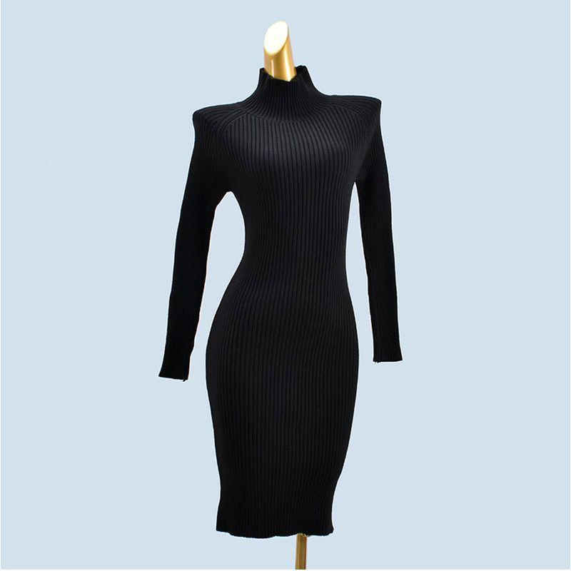 High Collar Pure Color Minimalist Silm Soft Glutinous Knitting Female Fall and Winter Inner Match Slimming Sunken Stripe Elastic Dress