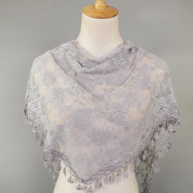 Sciarpa Triangolare con Pizzo Monocolore e Frange per Donna, Velo, Colore Puro, Fiore, Hijab da Preghiera 160*80cm