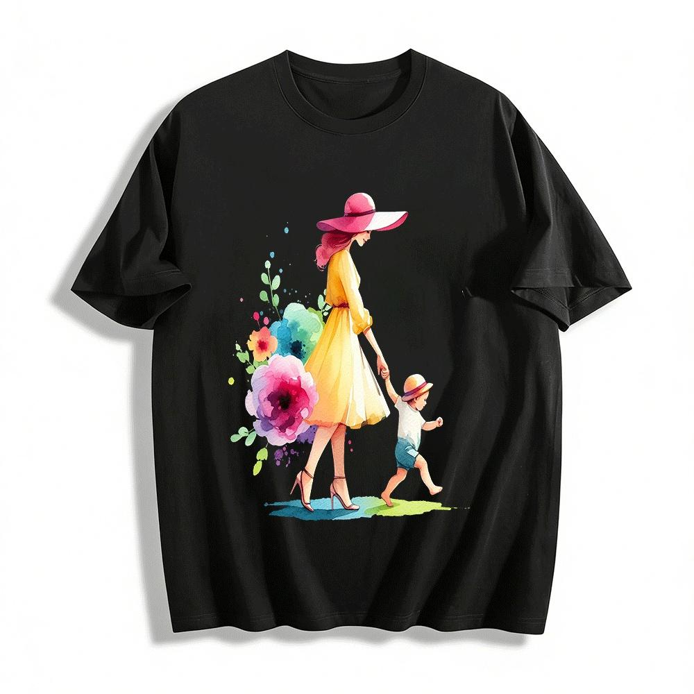 Mom And Toddler Holding Hands Print Casual Top Pure cotton T-shirt XXS