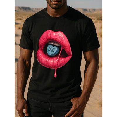 European Sizes Men's Loose Fit Short-Sleeve T-Shirt with Lip Print - Breathable Round Neck Casual Top Suitable for Sports