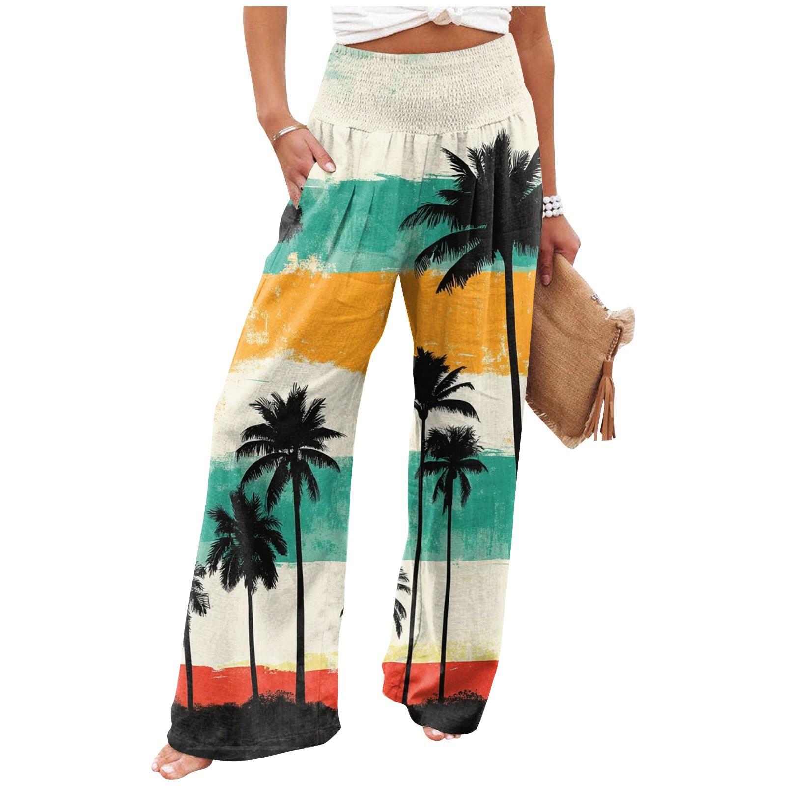 

Женские летние свободные брюки из хлопка и льна с эластичным поясом и пляжным принтом XXL циан