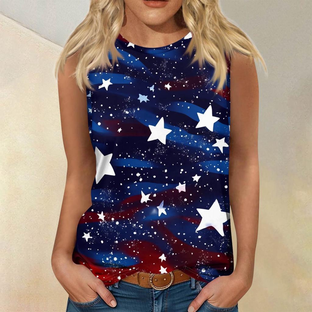 Women's Fashion Casual T-Shirt Round Neck Sleeveless Independence Day Printed Vest Top
