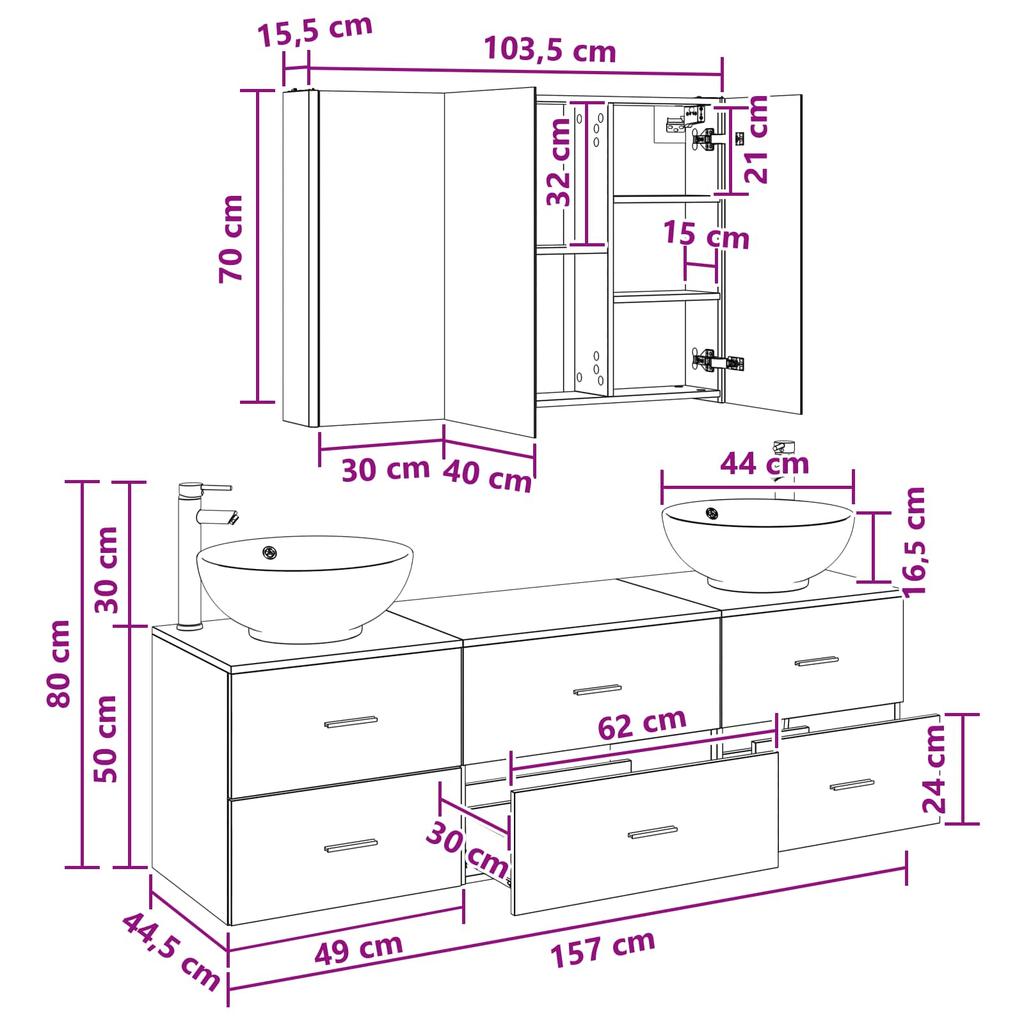 Bathroom Furniture Set 4 Pcs Black Oak Engineered Wood and Glass
