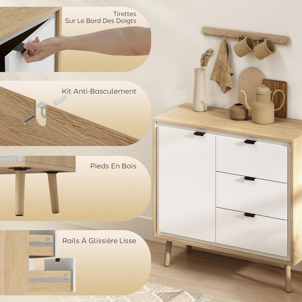 Buffet Sideboard Storage Cabinet Kitchen Cupboard With 2 Doors 3 Drawers And Adjustable Shelf 80x35x77cm White