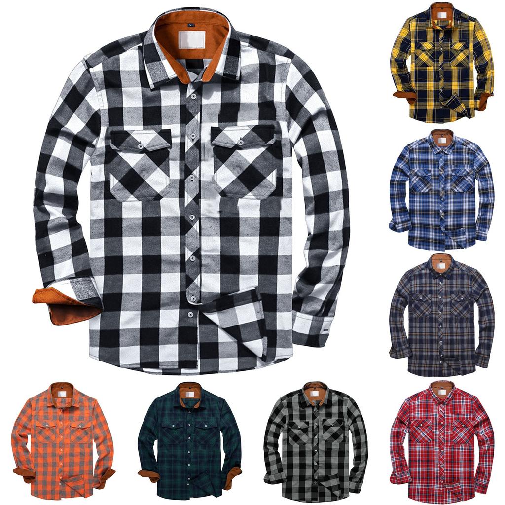 Men's Plaid Shirt Button-Up Sweatshirt Men's Winter Warm Casual Fashion Plaid Shirt