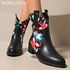 Tryck Slumpmässiga Dam Ankelstövlar Läder Spetsig Tå Designer Mellanhöga Klackar Skor Trend Vinter Chunky Pumps Goth Botas De Mujer