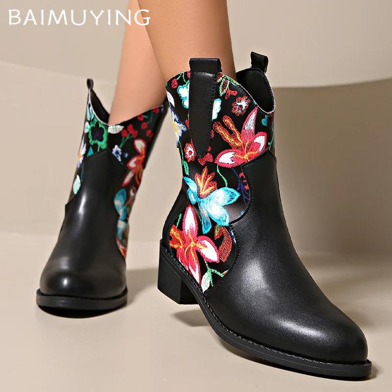 Tryck Slumpmässiga Dam Ankelstövlar Läder Spetsig Tå Designer Mellanhöga Klackar Skor Trend Vinter Chunky Pumps Goth Botas De Mujer