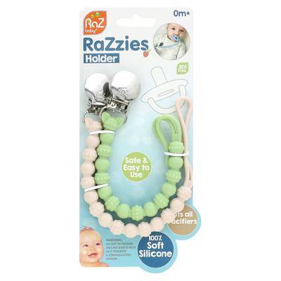 Razzies Pacifier Holder, 0M+, Green/Beige, 2 Holders