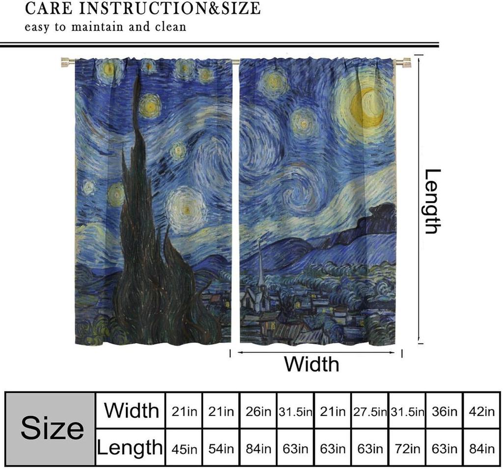 Starry Night Blackout Curtains for Bedroom, Oil Painting Blue Abstract Stars Art Decor Print Window Treatments, Rod Pocket