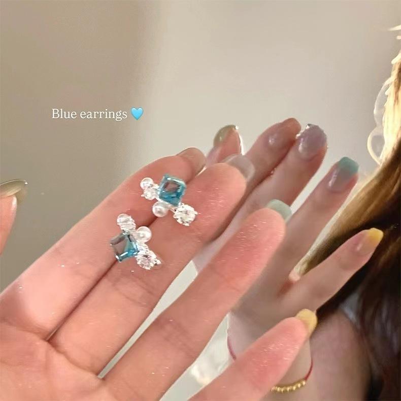 Весенне-летние супер-блестящие синие серьги-гвоздики  сахарный кубик , серьги с жемчугом высокого класса, уникальные серьги-кольца C.