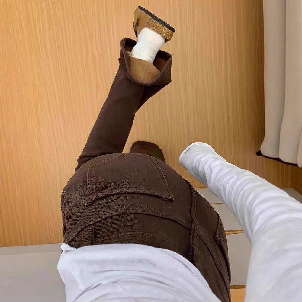 Thickened Brown Jeans for Women In Autumn and Winter New American High-waisted Slim Horseshoe Trousers