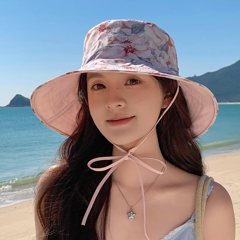 Korean Summer Large Brim Printed Double-Sided Fisherman Hat Women's Sun Hat Fashionable Outdoor Protection Cap