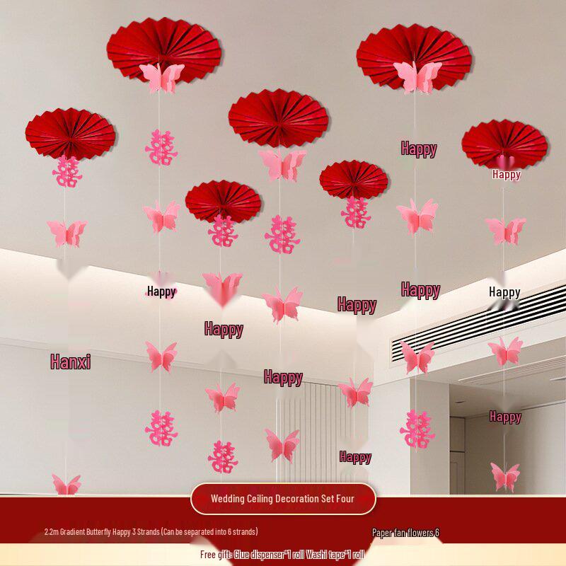 Wedding Décor: Double Happiness Paper Cut Ornaments for Ceiling and Walls, Festive Butterfly Pull Flowers for Bedrooms and Living Rooms