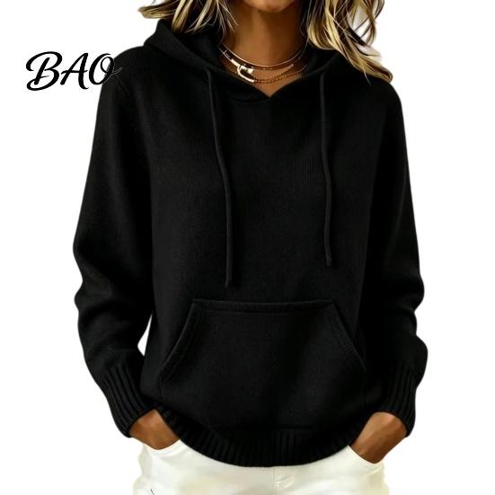 Damen Strick-Kapuzenpullover für Herbst Winter, Langarm Pullover Weicher Gerippter Saum Strickware mit Fronttasche, Einfarbige Lässige Kapuzenoberteil Oberbekleidung