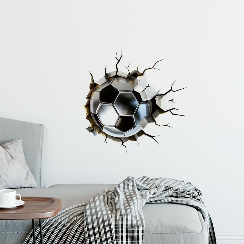 Simulated 3D Broken Wall Football Wall Sticker, Football 26 Theme Room Decorative Sticker, Children's Room Background Painting