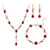 Vintage Gold Red Rose Jewelry Set, Floral Necklace, Bracelet & Drop Earrings for Women