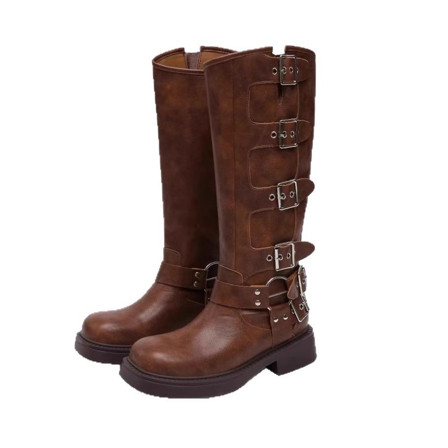 Leather retro but knee boots women's autumn 2025 new leather buckle western cowboy boots metal knight boots