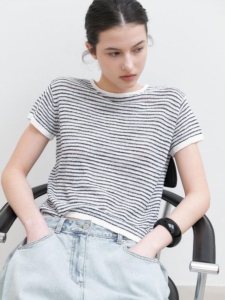 ATELIER NAIN Boucle Round Neck Striped Knit (T-7245)
