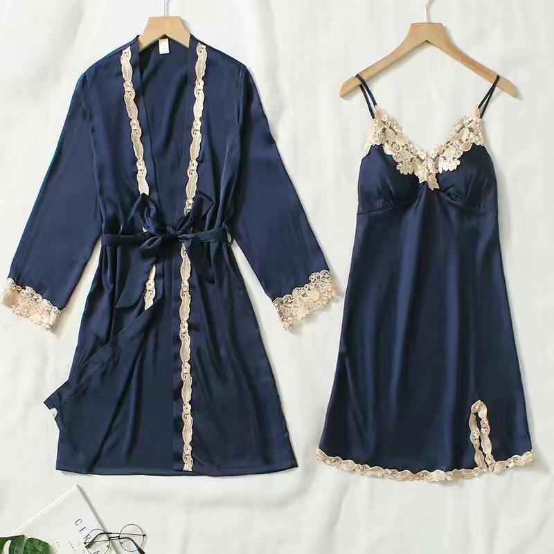 Women's Summer Silk Pajama Set: 5-Piece Long Sleeve, Lace Trim Camisole, Shorts & Pants