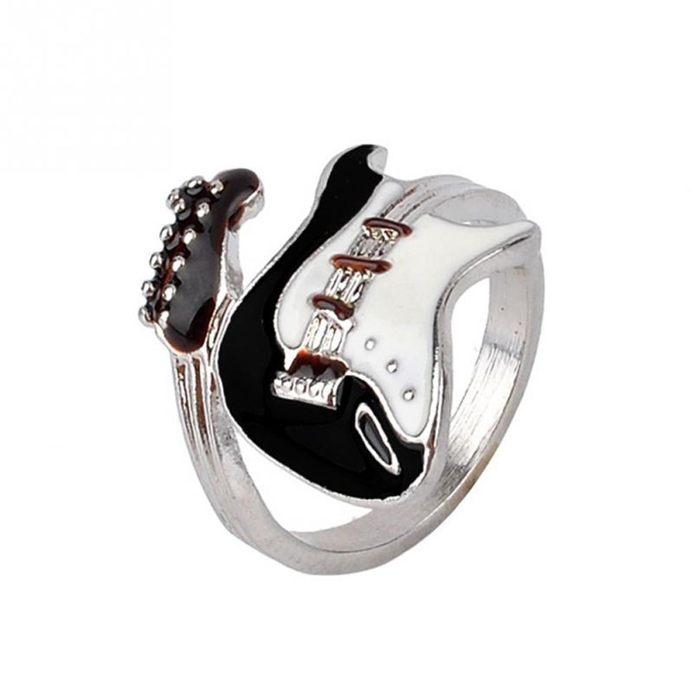 Fashion Personality Punk Style Black White Color Women Jewelry Oiled Zinc Zinc Alloy Ring Varnish Guitar
