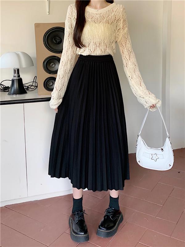 Korean Style Plus Size Pleated Midi A-line Skirt with High Waist Elastic