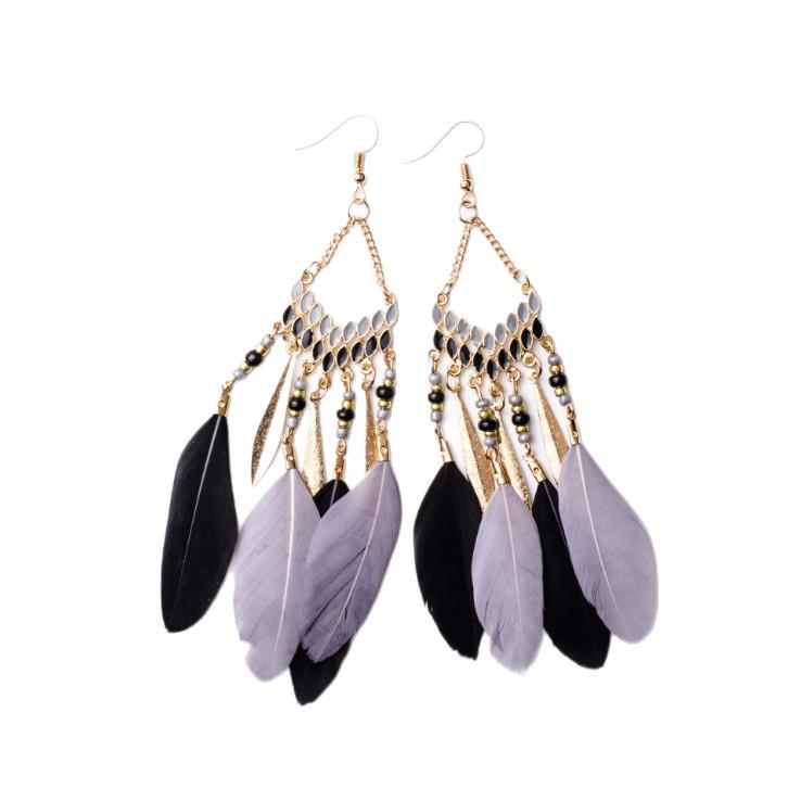 Bohemian Blue Tassel Feather Earrings in Ethnic Yunnan Style