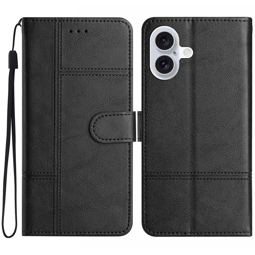 

For iPhone 17 Wallet Case Line Imprinted Cowhide Texture PU Leather Phone Cover Black