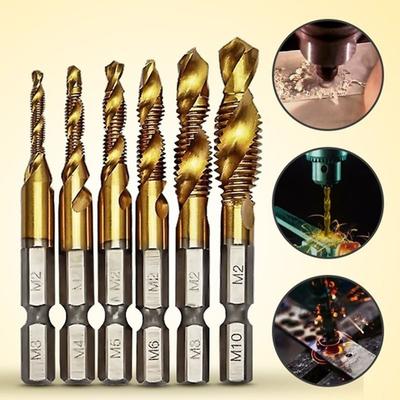 High Speed Steel Tap Drill Bit Set Metric Thread Titanium Coated Titanium Plated Tap M3-M10 Size 1/4" Hex Shank