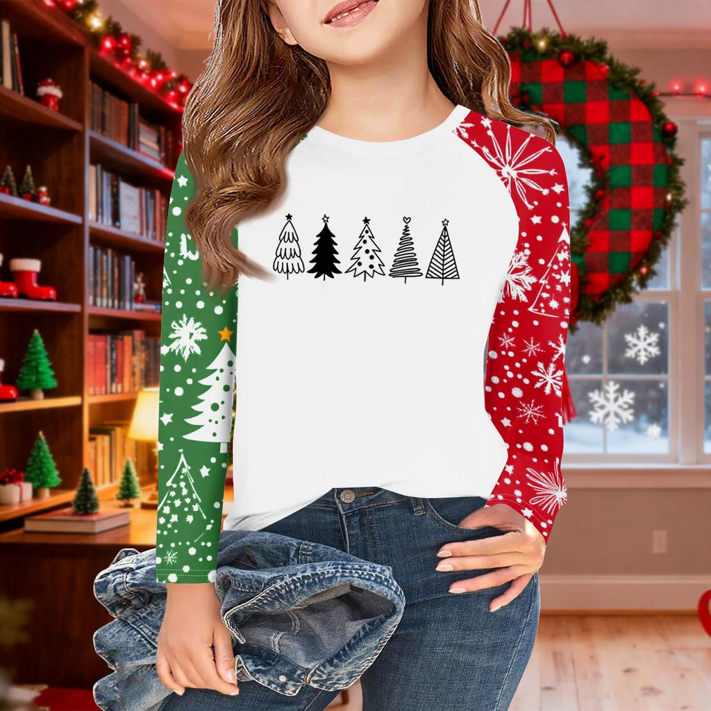 Girls Long Sleeve Christmas Day T Shirts Kids Fall Tops Crewneck Basic Tees 5-14Y
