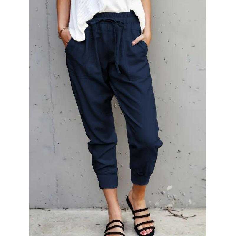 Summer Women Loose Plus Size Solid Color Simple Lace Up Slim Casual Nine Point Slimming Trousers