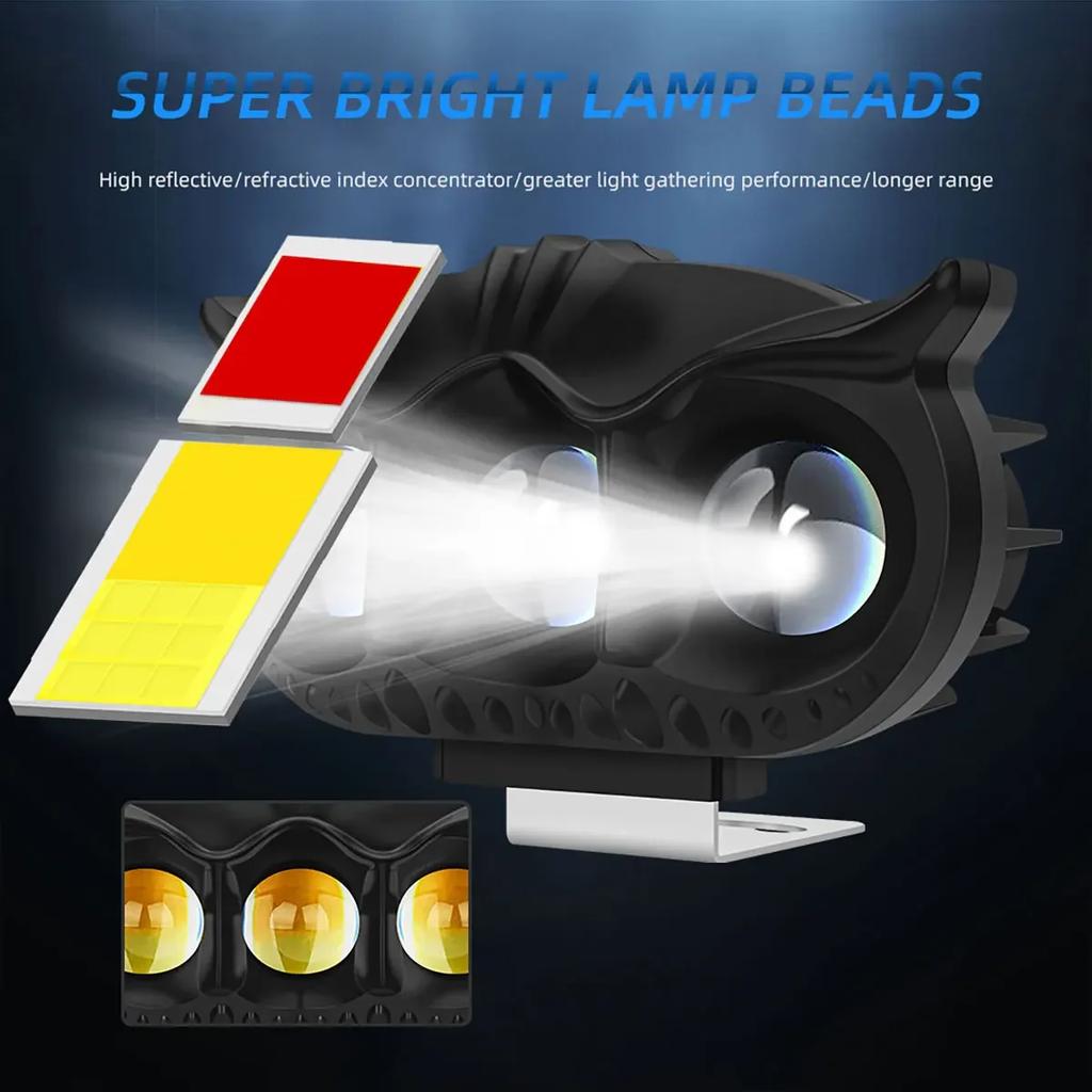 1pcs Motorcycle Headlight LED Spot Light Owl Shape 3 Light 5 Modes Three Colors Strobe Fog Light Motorbike Running Lamp