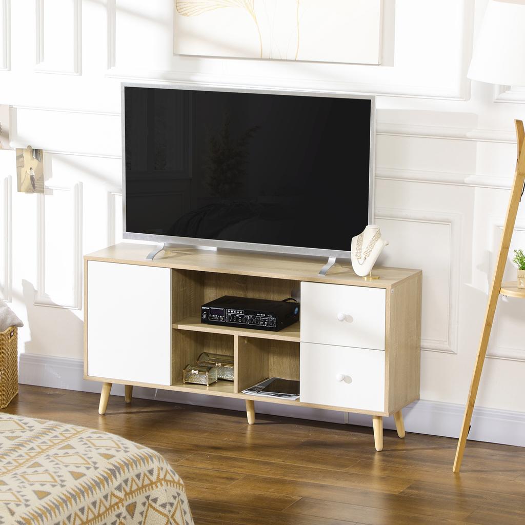TV Cabinet for TVs Up To 45 Inches Solid Wood Legs Scandinavian Style 3 Open Compartments 1 Cupboard 120 X 30 X 60 Cm