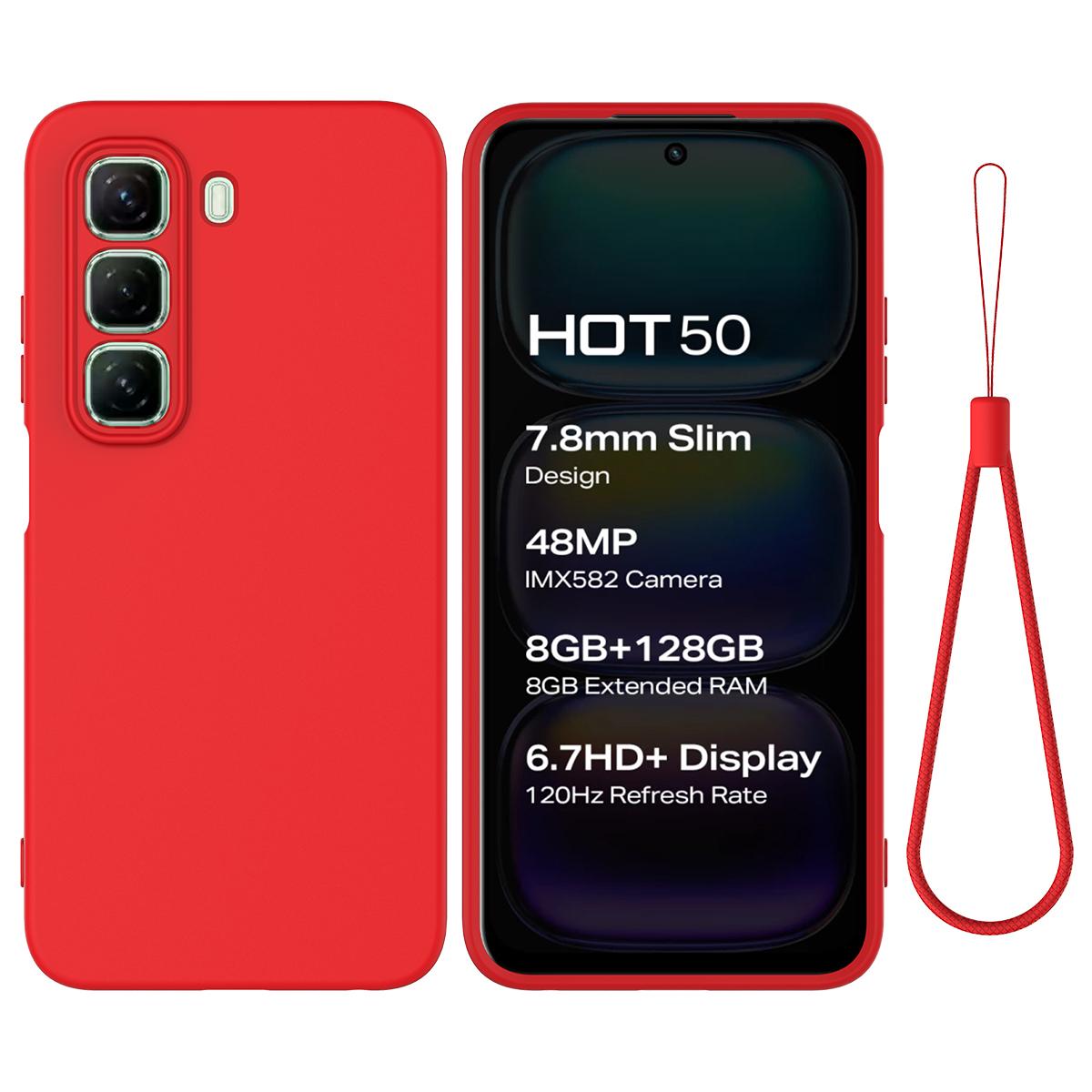 

For Infinix Hot 50 4G Case Liquid Silicone Anti-Scratch Phone Cover with Hand Strap Red