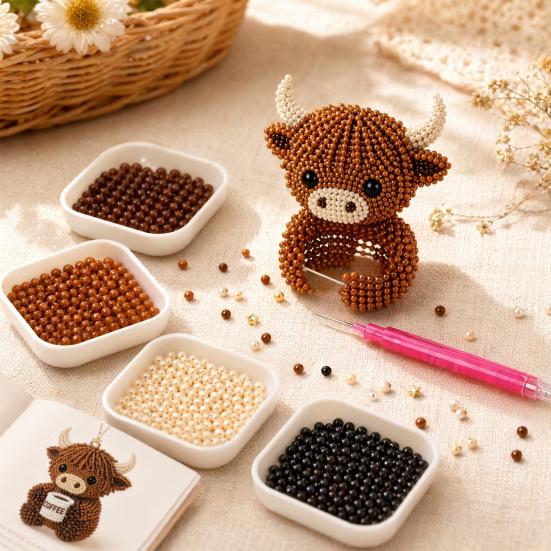 Yousheng 3D Beaded Animal Kit,Cute Tiny Highland Cow Beading Kit with Colorful Embroidery Beads And Instructions,Handmade Bead Art Craft for Beginners