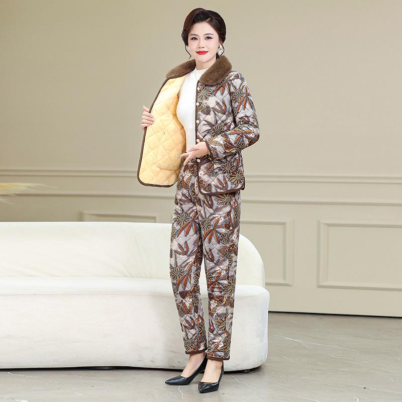 Velvet-Lined Winter Cotton Coat & Pants Set for Moms