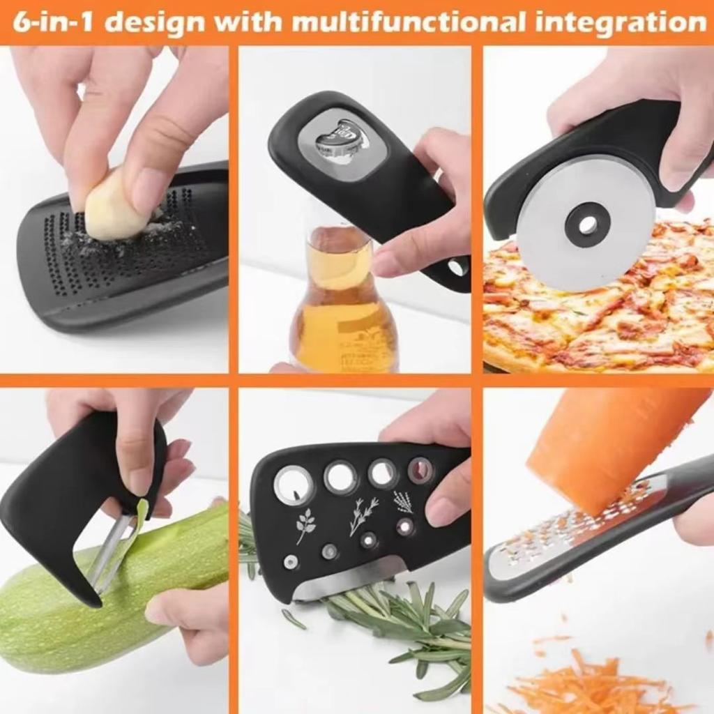 Gadgets de Cuisine Multifonctionnels Empilables 6 Pièces Râpe à Melon Hachoir à Herbes Broyeur d'Ail Ouvre-Boîte Râpe à Fromage Couteau à Pizza