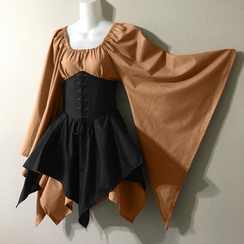 Halloween Renaissance Cosplay Dress Long Sleeve Flared Cuff Patchwork Themed Parties