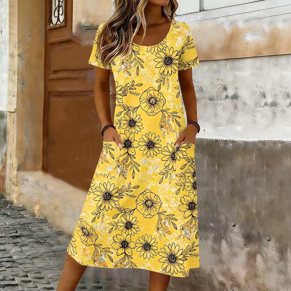 Women's Casual Loose Round-neck Short-sleeved Pocketed Mid-length Dress